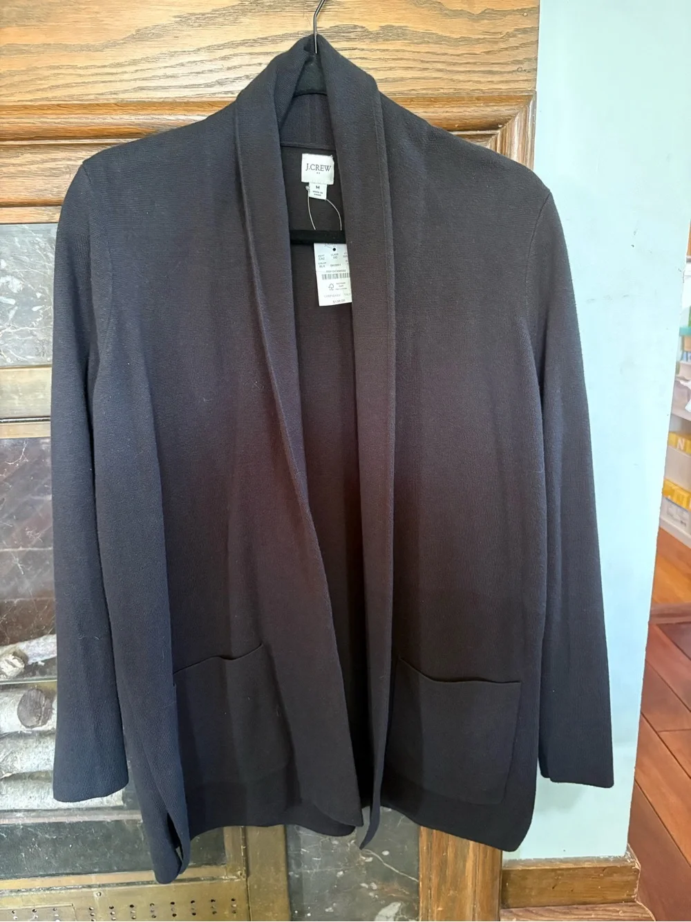 NWT J.CREW Women’s Black Knit Cardigan Sweater M Shawl Collar Open Front Pockets